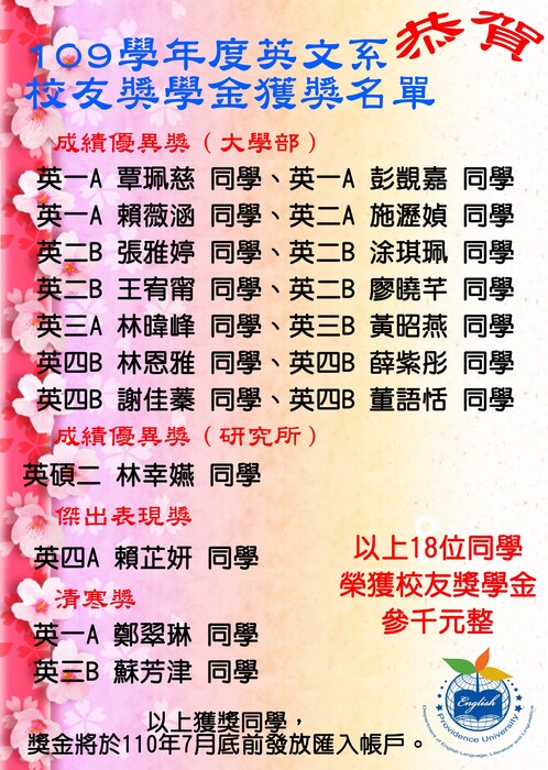 109學年度校友獎學金