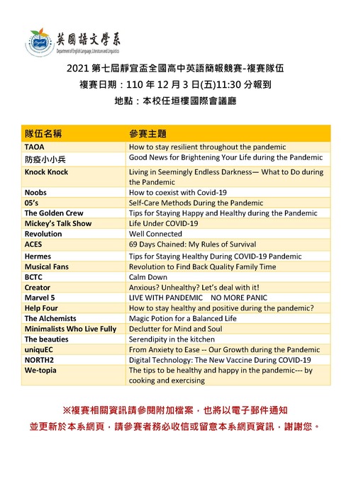 【重要訊息】「2021第七屆靜宜盃全國高中英語簡報競賽」複賽隊伍與賽前通知圖片
